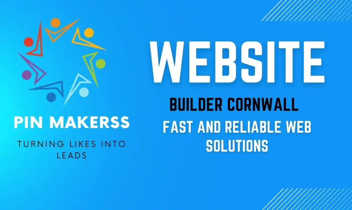 The image appears to be a promotional graphic for a company named "PinMakerss" which offers web design services in Cornwall. The key elements of the image include: Logo: The logo consists of a circular arrangement of abstract human figures in various colors (red, orange, yellow, green, blue, and purple). Each figure seems to be composed of a triangle (for the body) and a circle (for the head), pointing outward in a star-like formation. Text Elements: "PIN MAKERSS" is prominently displayed in bold, white capital letters below the logo. The tagline "TURNING LIKES INTO LEADS" is written in smaller black capital letters below the company name. The main headline "WEBSITE" is in large, white capital letters. Sub-headlines "BUILDER CORNWALL" and "FAST AND RELIABLE WEB SOLUTIONS" are in smaller black and white capital letters, respectively, placed below the main headline. Background: The background is a gradient of blue shades, providing a clean and professional look. Design Accents: There are white diagonal lines in the top right and bottom left corners of the image, adding a dynamic touch. The overall design is clean, modern, and visually appealing, clearly communicating the company's focus on web design services in Cornwall.