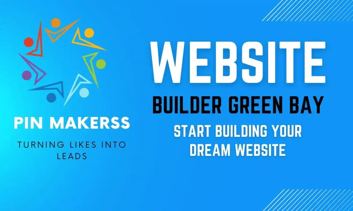 The image is a promotional banner for "PinMakerss," a website building service in Green Bay. The design elements and text are as follows: Background Color: The background is predominantly blue with a gradient effect, transitioning from a lighter shade at the top to a darker shade at the bottom. Logo: Positioned on the left side, the logo consists of abstract, colorful figures arranged in a circular pattern, resembling people in different colors (red, orange, yellow, green, light blue, and dark blue) with arrow-like extensions. Brand Name: Below the logo, the brand name "PIN MAKERSS" is written in bold, white uppercase letters. Slogan: Beneath the brand name, the slogan "TURNING LIKES INTO LEADS" is written in black, uppercase letters in a smaller font. Main Heading: To the right of the logo, the main heading "WEBSITE" is written in large, bold, white uppercase letters. Subheading: Directly below the main heading, the subheading "BUILDER GREEN BAY" is written in slightly smaller, bold, black uppercase letters. Call to Action: Below the subheading, the text "START BUILDING YOUR DREAM WEBSITE" is written in white uppercase letters, encouraging viewers to take action. The overall design is clean and professional, with a focus on promoting the website building services of PinMakerss in Green Bay.