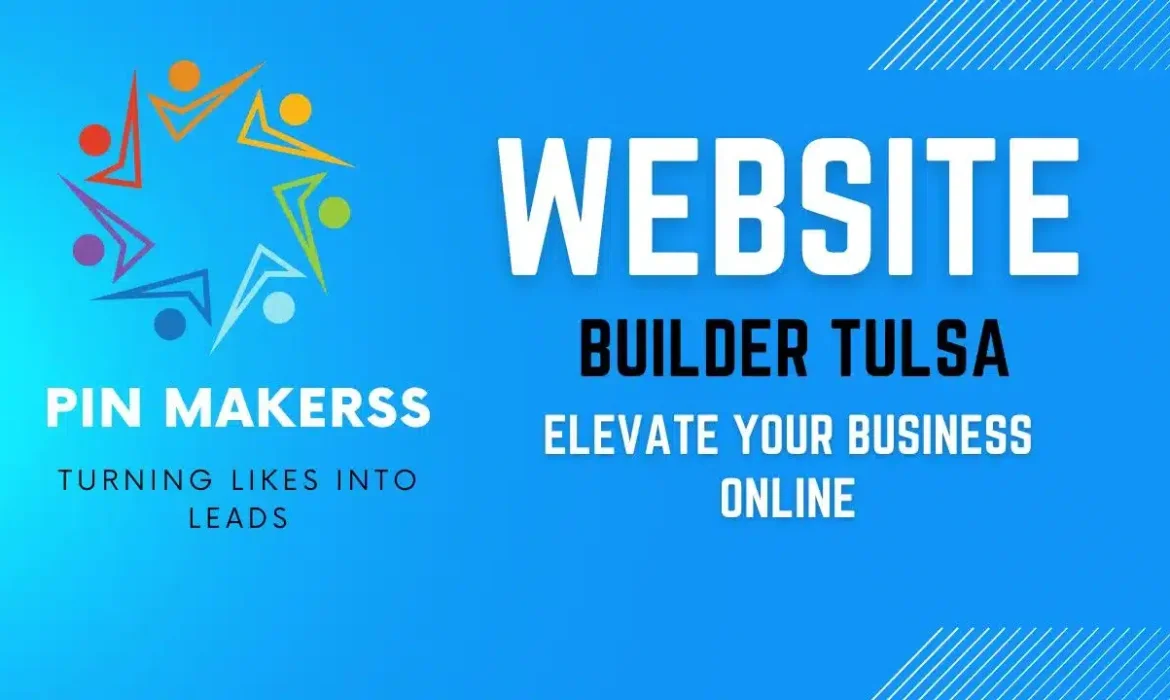 The image is a promotional graphic for "Pin Makerss," a website building and digital marketing service. The design features a bright blue background with a star-shaped logo composed of colorful abstract human figures in red, orange, yellow, green, and blue. The text elements include: "PIN MAKERSS" in bold white letters. The tagline "TURNING LIKES INTO LEADS" beneath the brand name. A large title "WEBSITE BUILDER OKLAHOMA" prominently displayed in white and black, emphasizing the service offered. The phrase "ELEVATE YOUR BUSINESS ONLINE" in white, located below the main title, highlighting the goal of the service. Overall, the image is designed to convey a professional and vibrant brand identity focused on helping businesses improve their online presence.